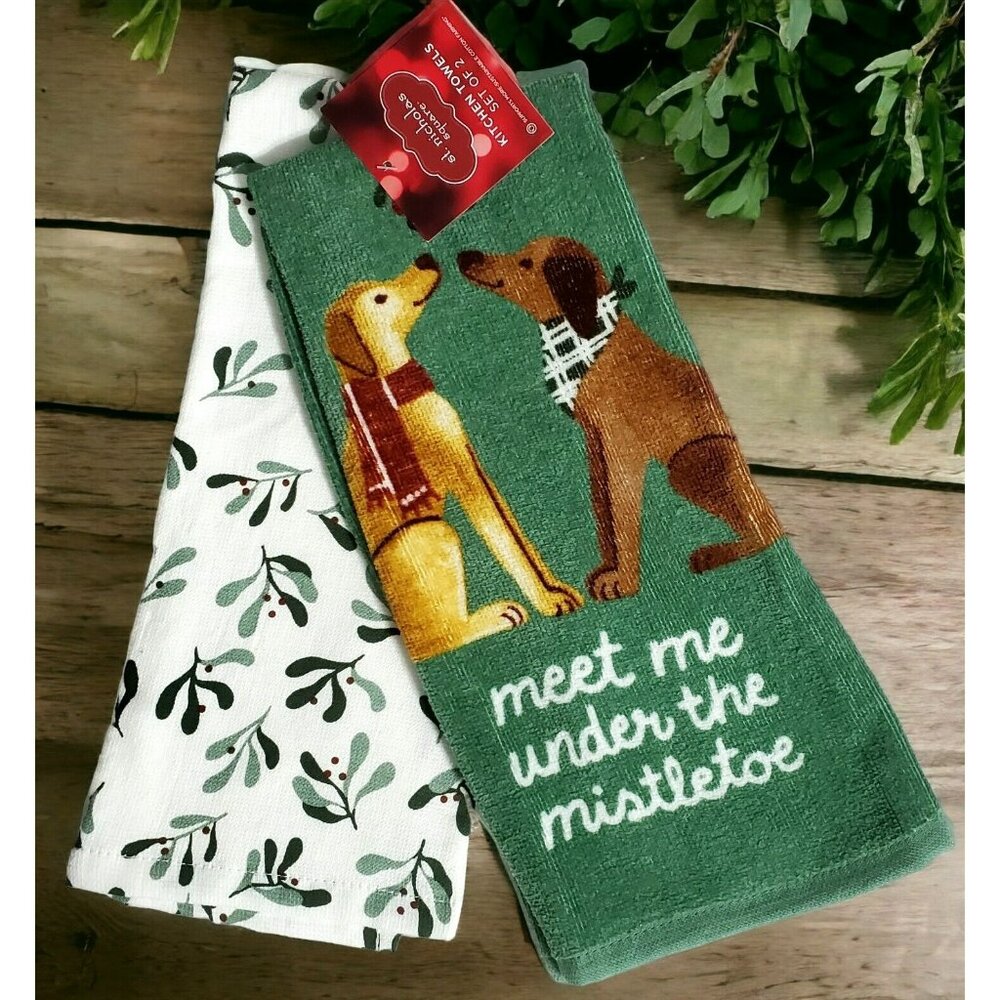 New Dogs Christmas Towel Set Of 2 Meet Under Mistletoe Kitchen Puppy Pet Holiday